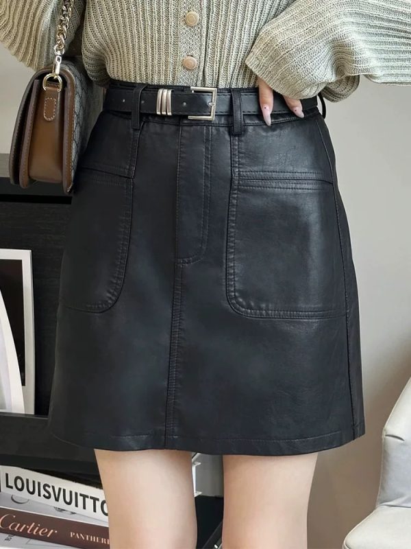 Short A-line leather skirt spring and autumn skirt for women