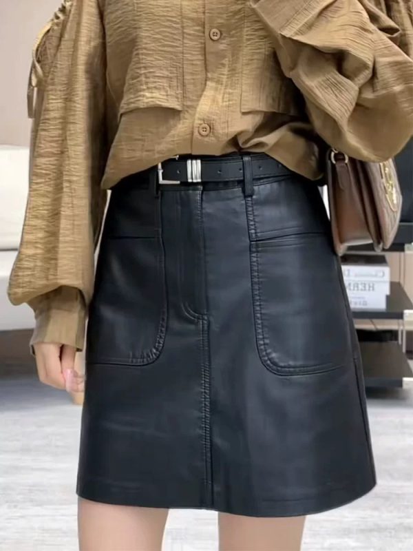 Short A-line leather skirt spring and autumn skirt for women - Image 2