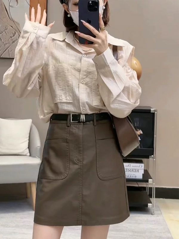 Short A-line leather skirt spring and autumn skirt for women - Image 3