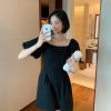 France style black puff sleeve leotard summer slim jumpsuit