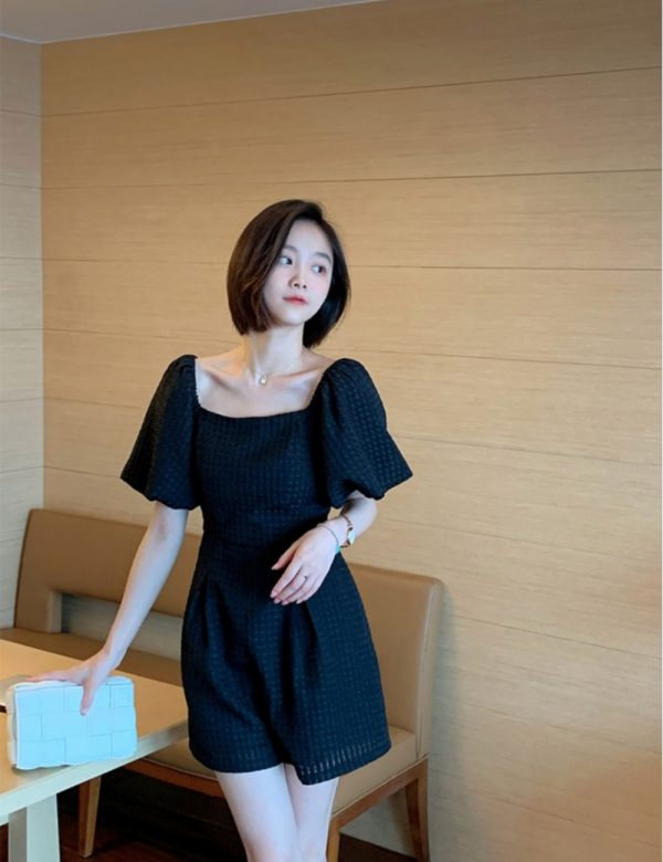 France style black puff sleeve leotard summer slim jumpsuit - Image 2