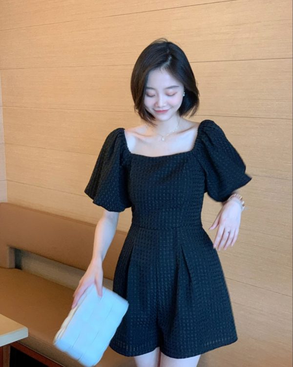 France style black puff sleeve leotard summer slim jumpsuit - Image 4