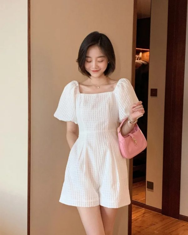 France style black puff sleeve leotard summer slim jumpsuit - Image 5