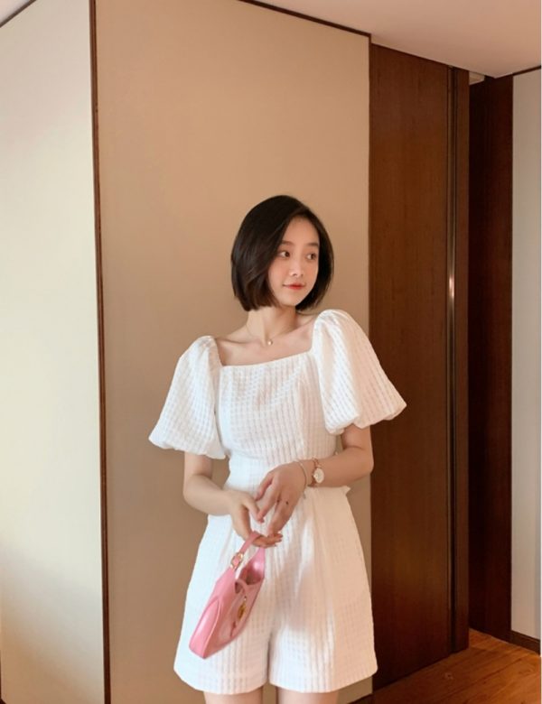 France style black puff sleeve leotard summer slim jumpsuit - Image 6
