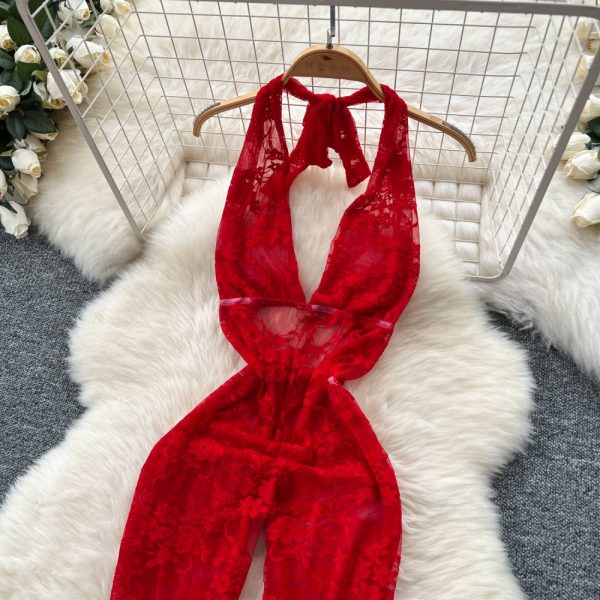 Lace V-neck halter summer sexy perspective jumpsuit - Image 2
