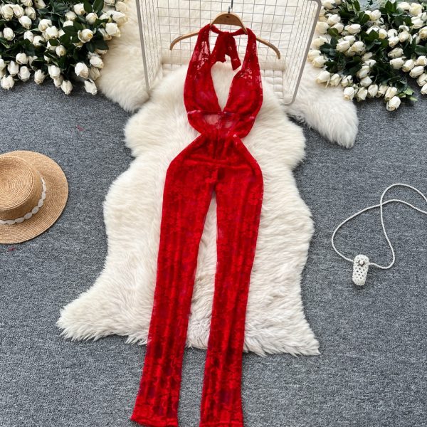 Lace V-neck halter summer sexy perspective jumpsuit - Image 4