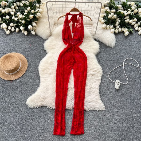 Lace V-neck halter summer sexy perspective jumpsuit - Image 5