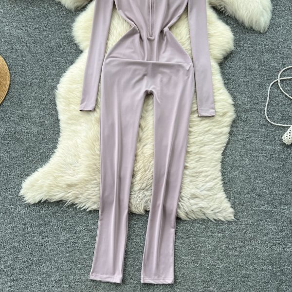 Long sleeve Casual leotard zip casual pants for women - Image 4