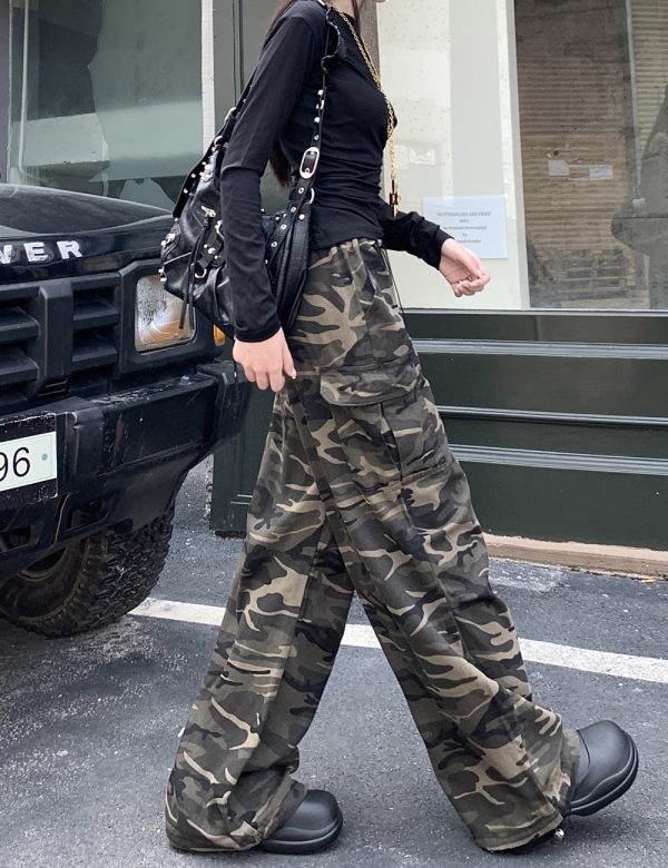 Drawstring wide leg camouflage mopping work pants for women - Image 3
