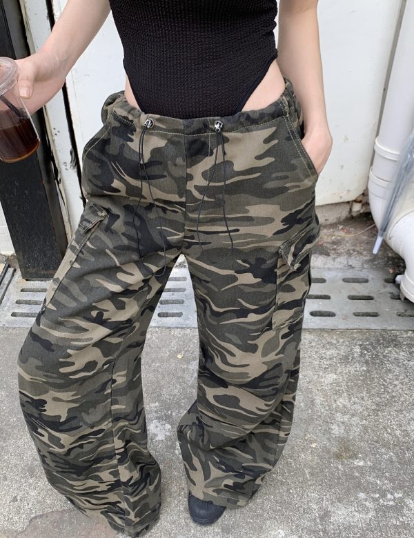 Drawstring wide leg camouflage mopping work pants for women - Image 5
