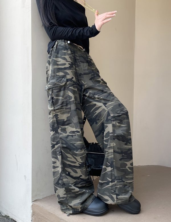 Drawstring wide leg camouflage mopping work pants for women - Image 8