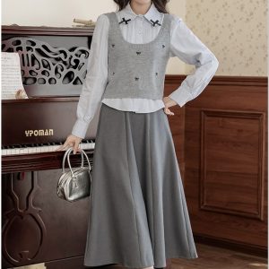 France style knitted shirt spring bow skirt 3pcs set