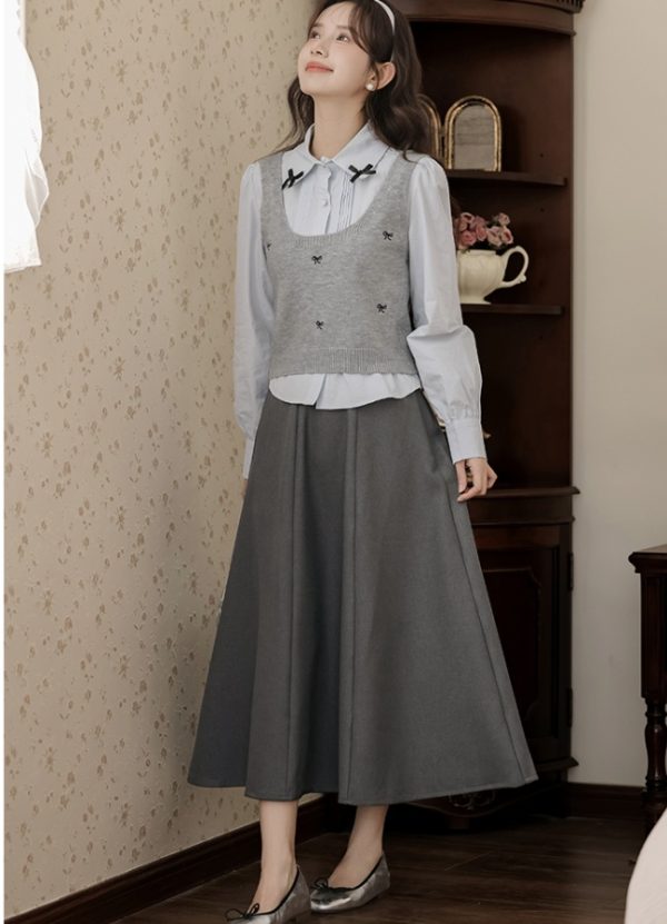 France style knitted shirt spring bow skirt 3pcs set - Image 3