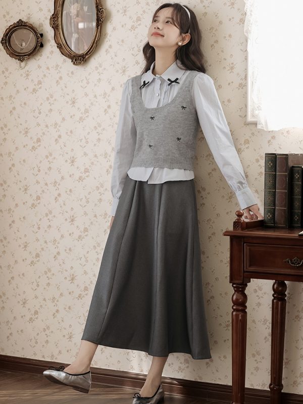 France style knitted shirt spring bow skirt 3pcs set - Image 6