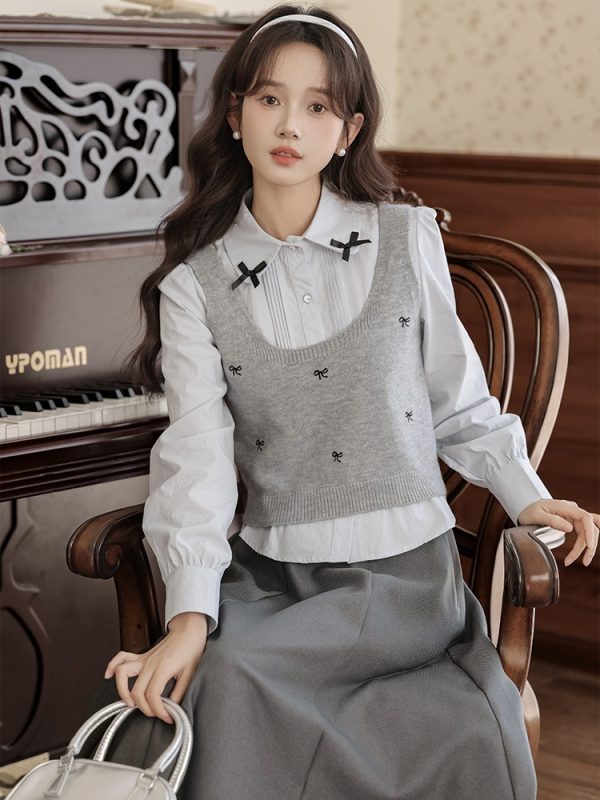 France style knitted shirt spring bow skirt 3pcs set - Image 8