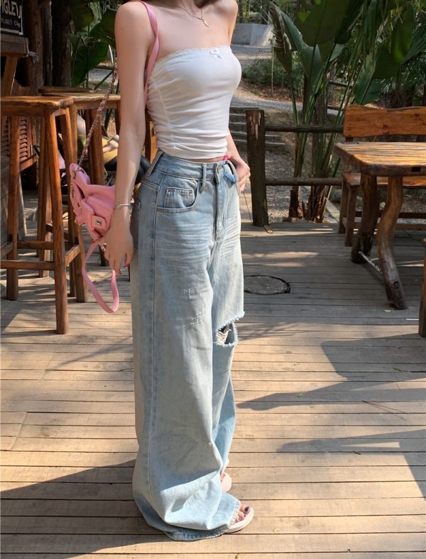 All-match holes long pants summer wide leg pants for women - Image 5
