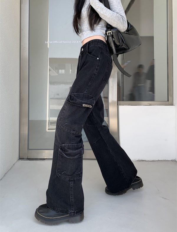 High waist speaker long pants black-gray pants for women - Image 2