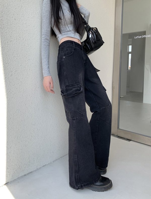 High waist speaker long pants black-gray pants for women - Image 3
