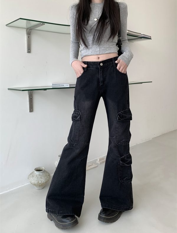 High waist speaker long pants black-gray pants for women - Image 4