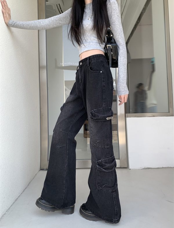 High waist speaker long pants black-gray pants for women - Image 5