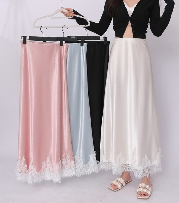 High waist satin lace package hip A-line drape skirt - Image 2