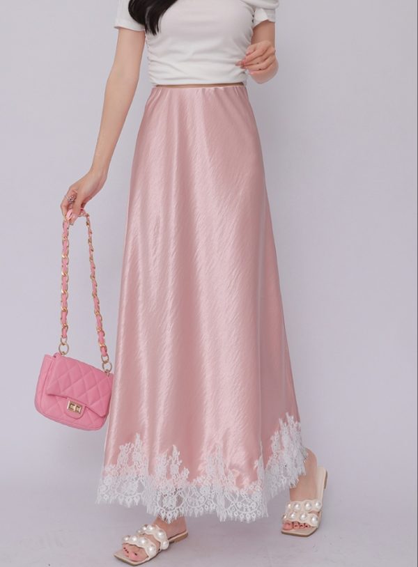 High waist satin lace package hip A-line drape skirt - Image 13