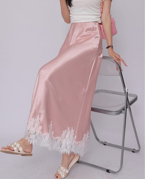 High waist satin lace package hip A-line drape skirt - Image 14