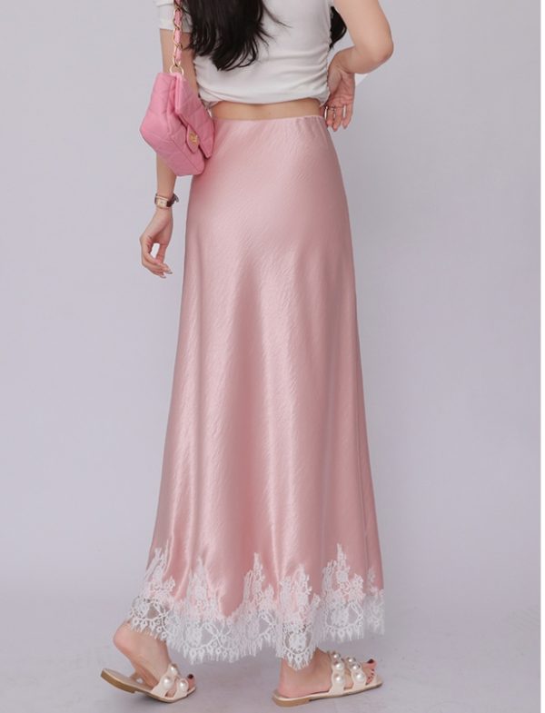 High waist satin lace package hip A-line drape skirt - Image 15