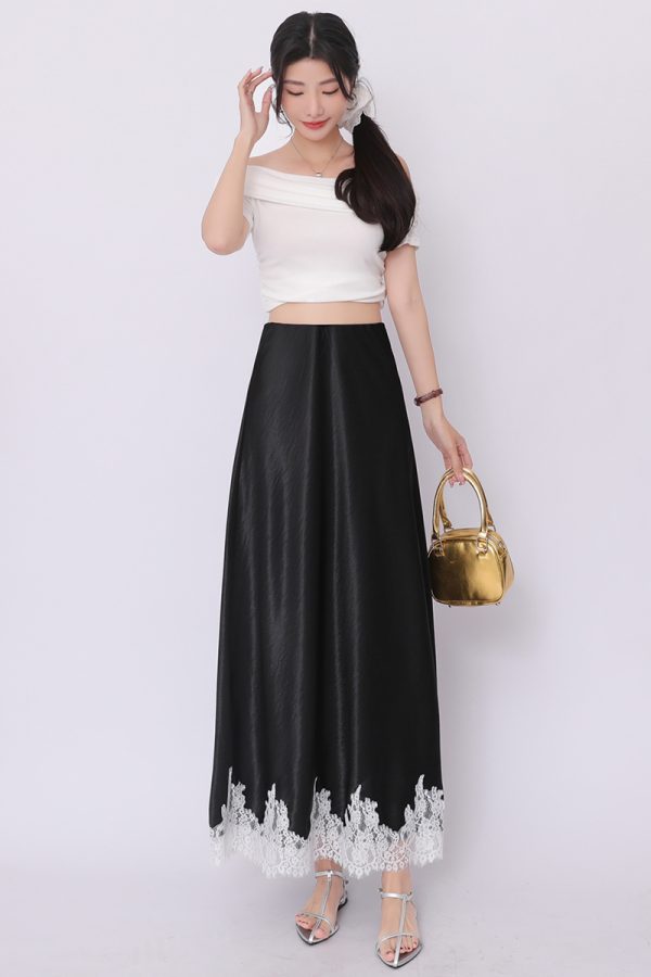 High waist satin lace package hip A-line drape skirt - Image 3