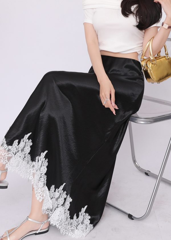 High waist satin lace package hip A-line drape skirt - Image 4