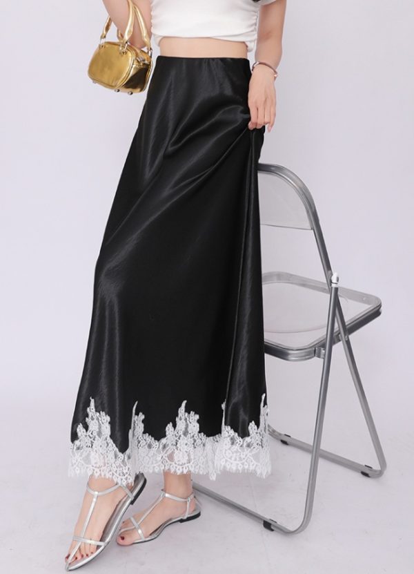 High waist satin lace package hip A-line drape skirt - Image 5