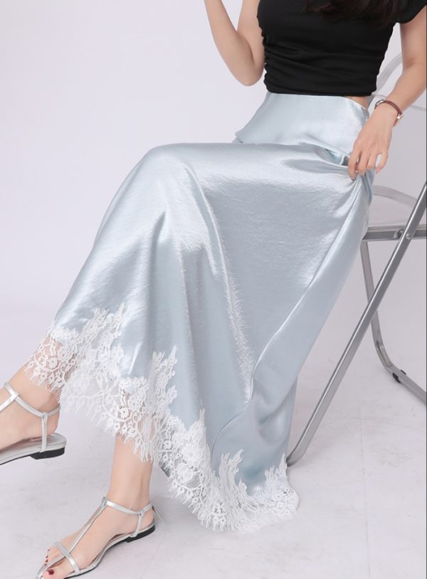 High waist satin lace package hip A-line drape skirt - Image 7
