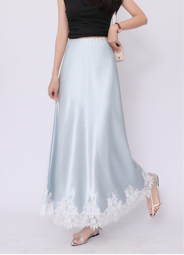 High waist satin lace package hip A-line drape skirt - Image 8