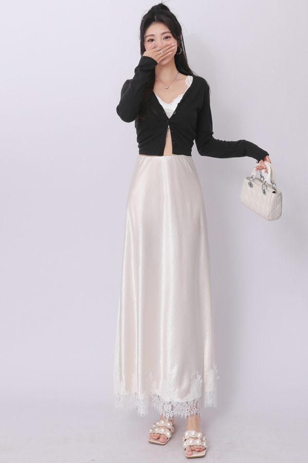 High waist satin lace package hip A-line drape skirt - Image 9