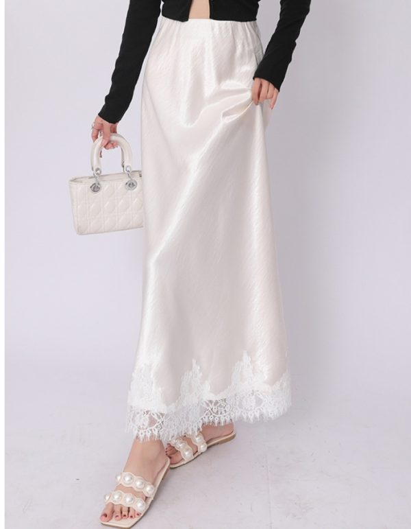 High waist satin lace package hip A-line drape skirt - Image 10