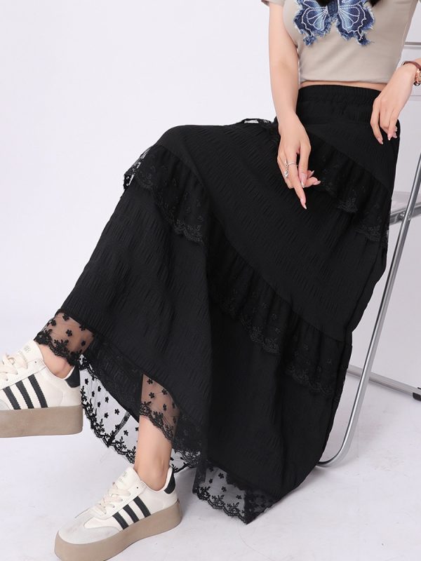 White A-line lace long dress high waist slim skirt - Image 3