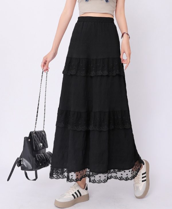 White A-line lace long dress high waist slim skirt - Image 4