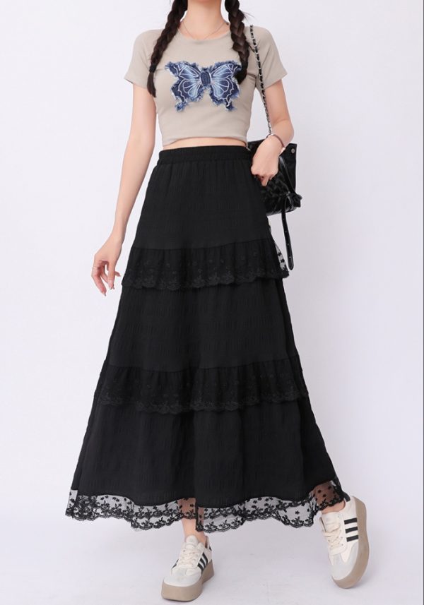 White A-line lace long dress high waist slim skirt - Image 5