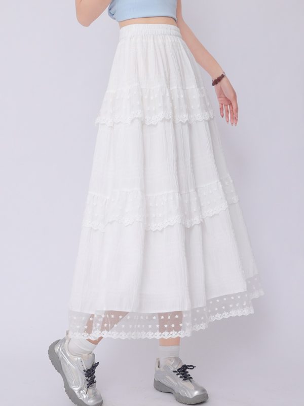 White A-line lace long dress high waist slim skirt - Image 7