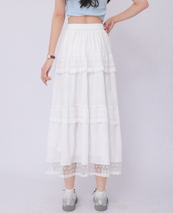 White A-line lace long dress high waist slim skirt - Image 8
