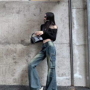 Pocket loose jeans micro speaker work clothing for women