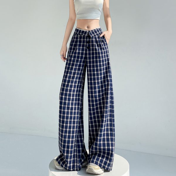 Blue wide leg pants plaid pants for women - Image 2