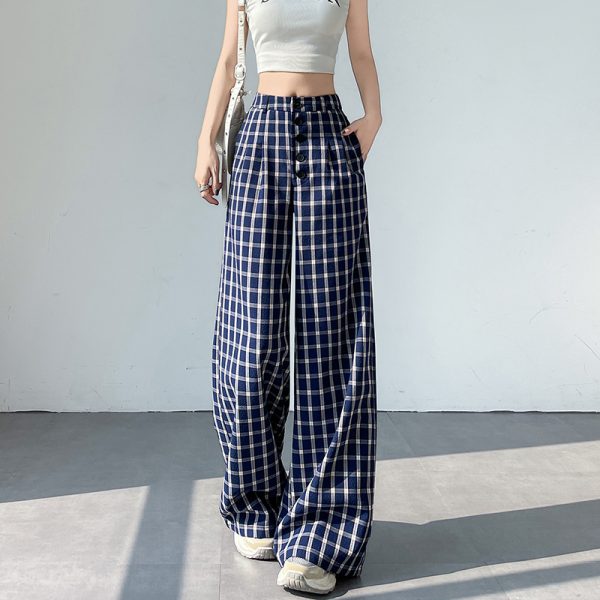 Blue wide leg pants plaid pants for women - Image 3