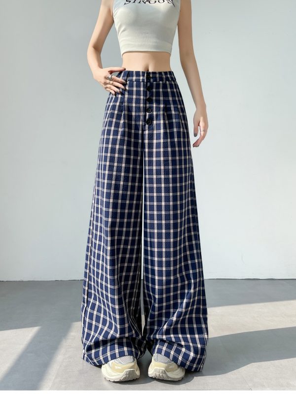 Blue wide leg pants plaid pants for women - Image 5