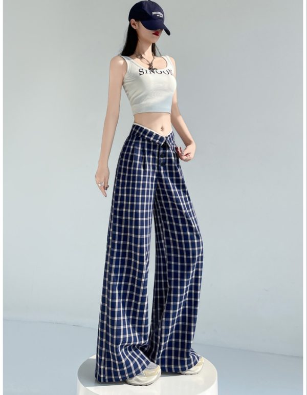 Blue wide leg pants plaid pants for women - Image 6