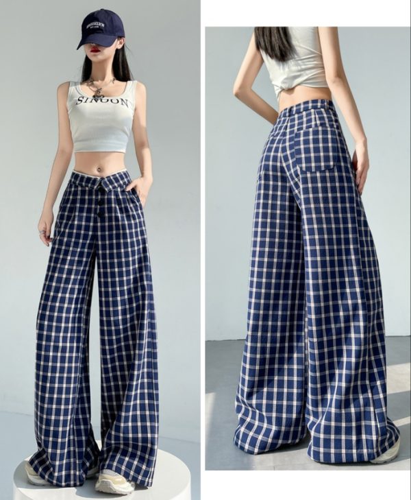 Blue wide leg pants plaid pants for women - Image 7