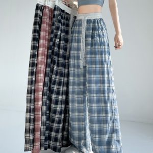 Plaid high waist pants drawstring wide leg pants for women