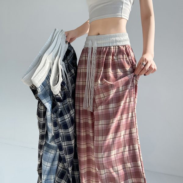 Plaid high waist pants drawstring wide leg pants for women - Image 2