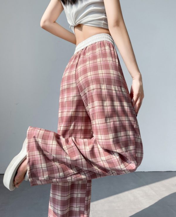 Plaid high waist pants drawstring wide leg pants for women - Image 11