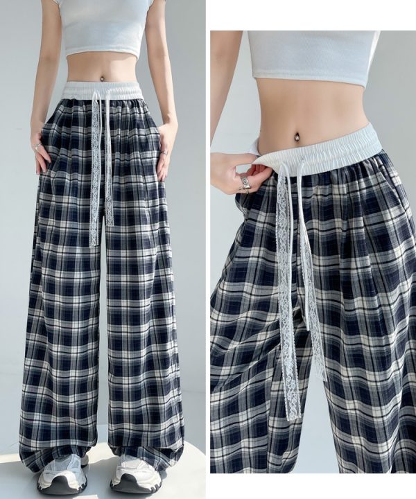 Plaid high waist pants drawstring wide leg pants for women - Image 12
